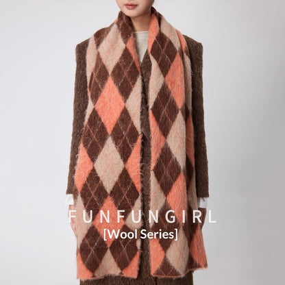 Diamond Pattern Retro Scarf With Wool Neck Warmer