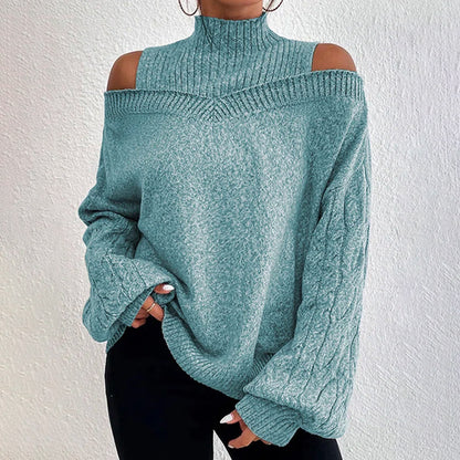 Women's Cold Shoulder Sweater - Sexy High Neck Cut Out Pullover Long Sleeve Top