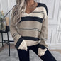 Women's French Vintage Striped Sweater, V-Neck Long Sleeve Stretch Knit Top For Fall Winter Layering