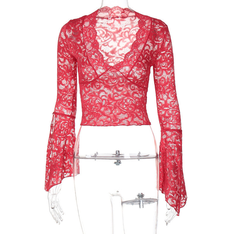 Sexy Deep V Neck Slim Fit Cropped Long Sleeve Blouse With Lace Trim - Floral Print Women's Tops For Fashionable Outfits
