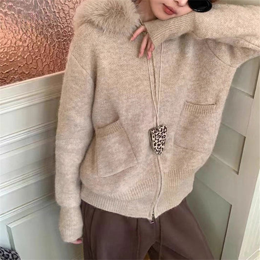 Maillard Coffee Color Fur Collar Hooded Sweater Coat Casual Style