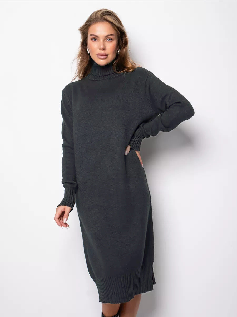 Women's High Collar Loose Inner Solid Color Knitted Dress