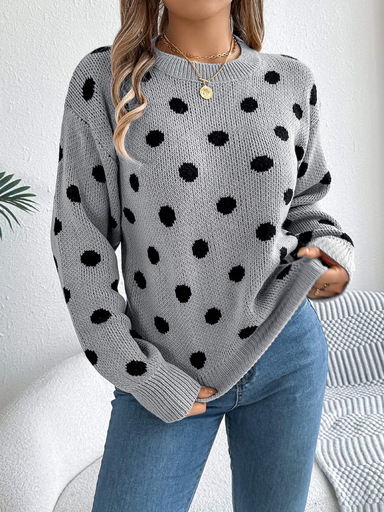 Casual Color Block Polka Dot Long Sleeve Pullover Sweater