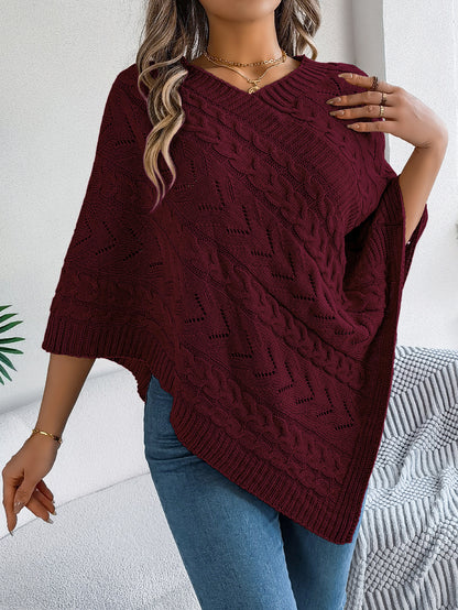 Casual Solid Color Cable Knit Loose Poncho Sweater Coat