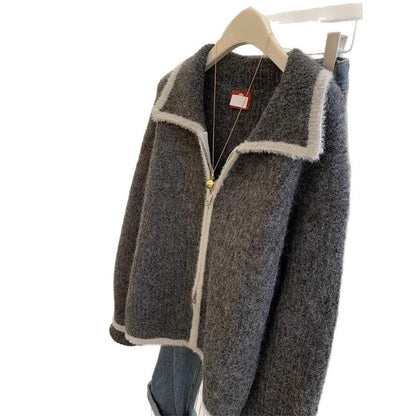 Gray Raccoon Fur Collar Coat Sweater