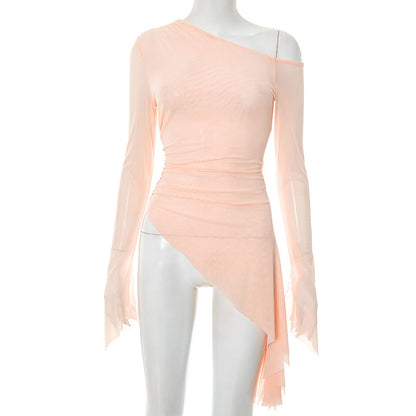 Women's Solid Color Diagonal Collar Beveled Hem Long Sleeve Top