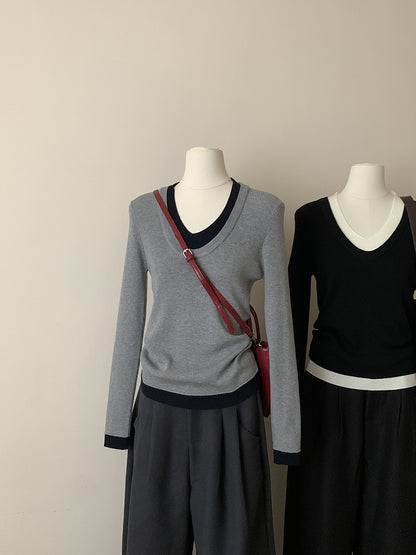 Contrast Color V-neck Long-sleeve Knitwear Sweater Top