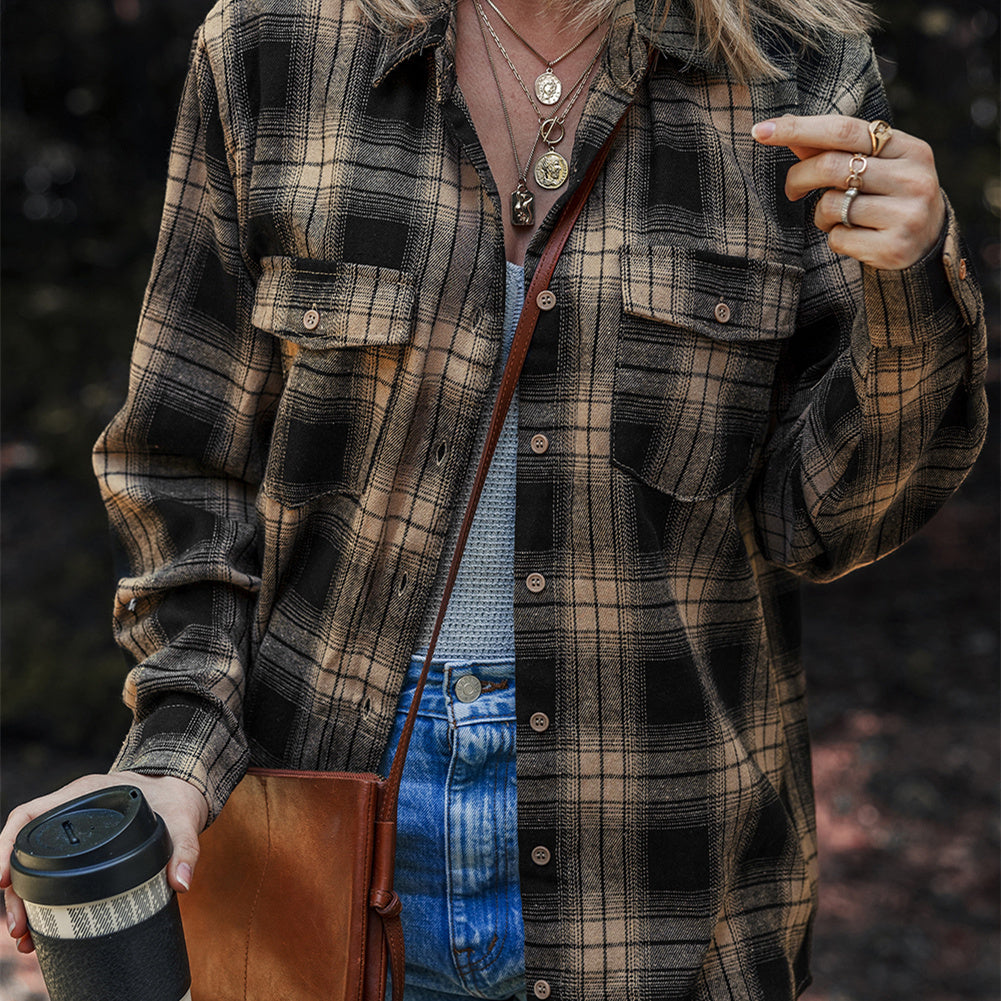 Women's Multi-color Retro Plaid Double-layer Flip Pocket Shirt