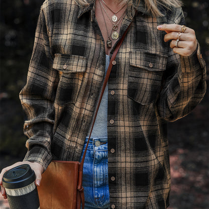 Women's Multi-color Retro Plaid Double-layer Flip Pocket Shirt