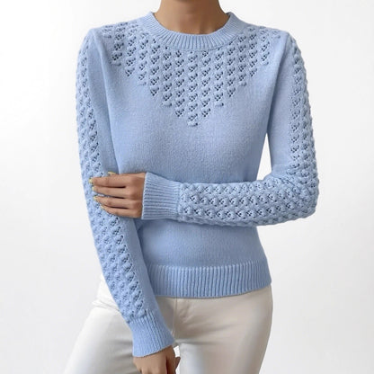 Solid Color Hollow Elegant Round Neck Long Sleeve Sweater