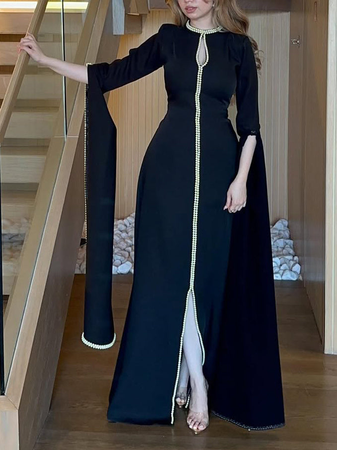 Black Maxi Dress With Pearl Trim And Cape Sleeves