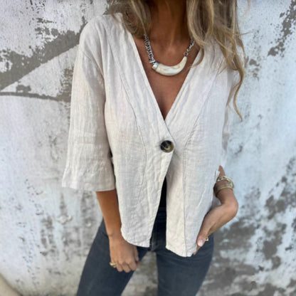 Casual Women's V-neck Cotton And Linen Solid Color ShirtT-shirt
