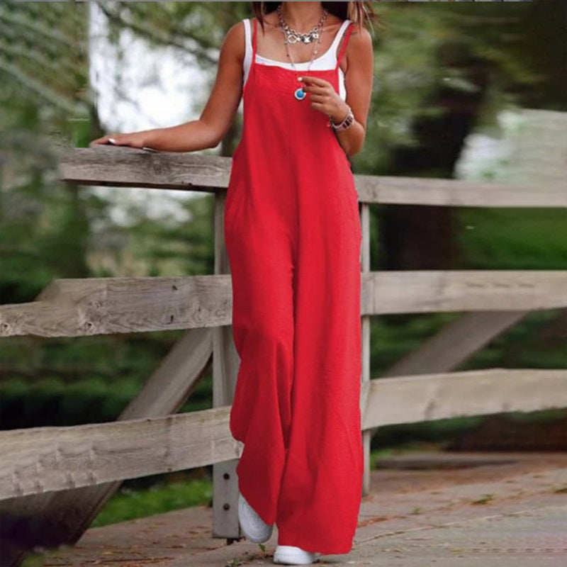 Plus Size Women's Solid Color Casual Jumpsuit - Sleeveless Romper With Pockets For Spring&Summer