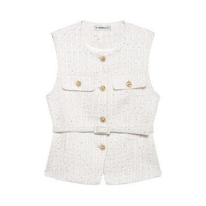 Spring New Casual Belt Vest Women's Clothing With Belt Texture Vest