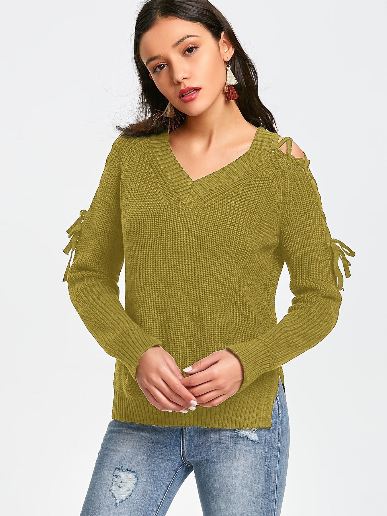 Hollow Knit Sweater Women Long Sleeve Tie Loose V-neck