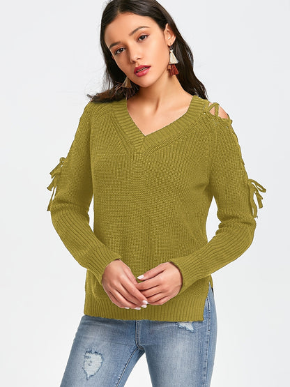 Hollow Knit Sweater Women Long Sleeve Tie Loose V-neck