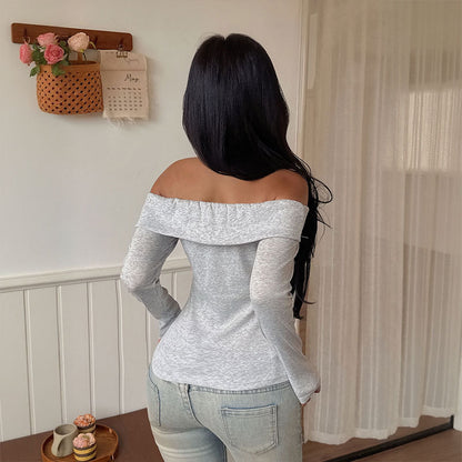 Light Gray Slim Fit Hot Girl Off-shoulder T-shirt