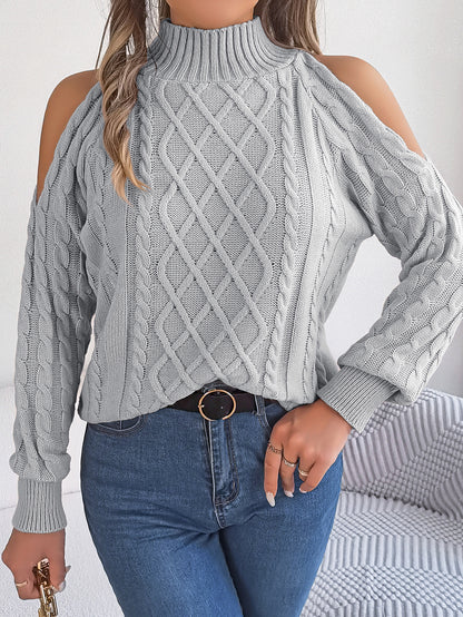 Casual Cable Knit Off-Shoulder Half Turtleneck Long Sleeve Pullover Sweater