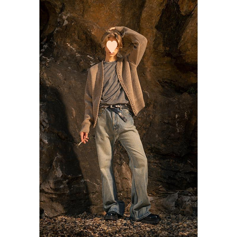 Heavy Handmade Wool Cardigan With Collar Wide Coat