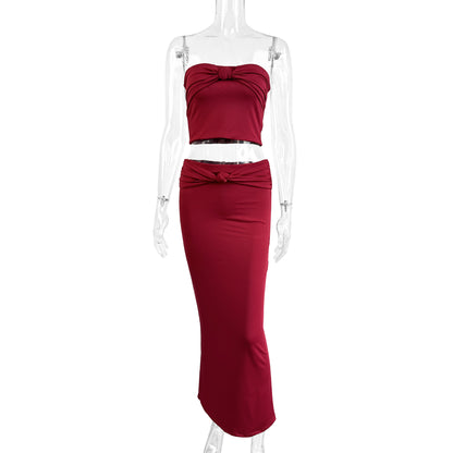Women's Sexy Strapless Long Dress Slim Two-piece Set