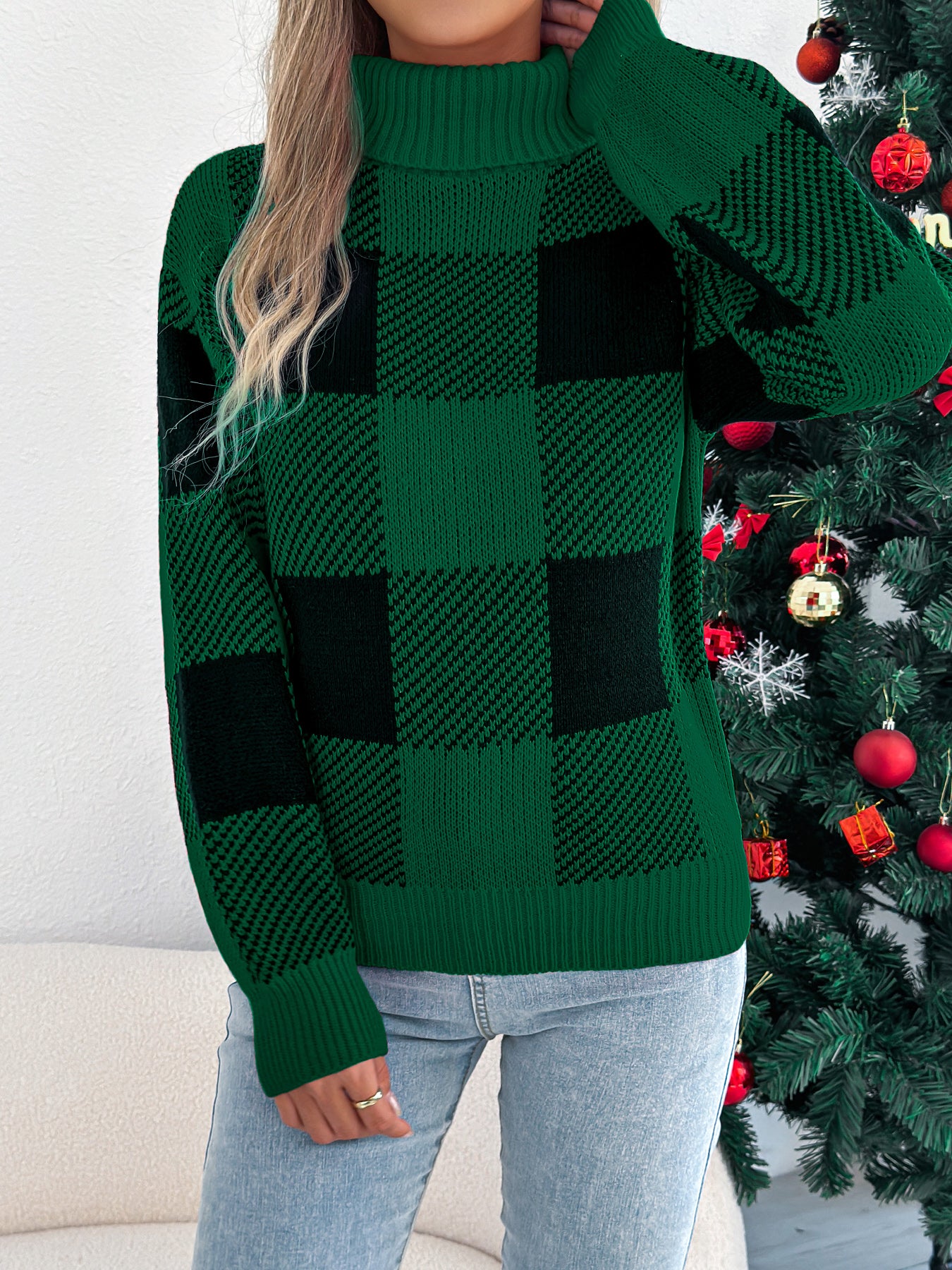 Casual Color Block Plaid Lantern Sleeve High Neck Sweater