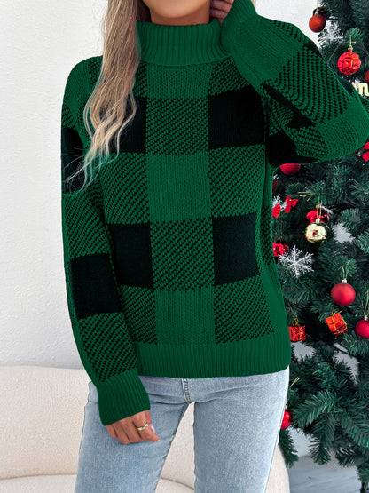 Casual Color Block Plaid Lantern Sleeve High Neck Sweater
