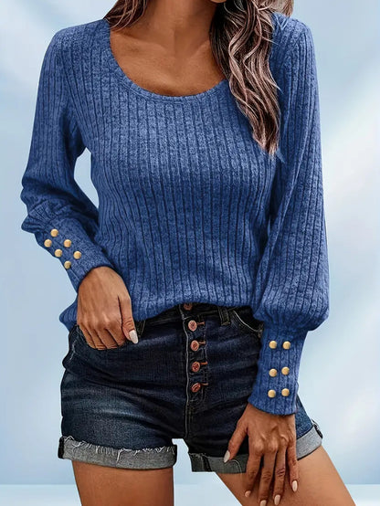 Solid Color Button Round Neck Long Sleeve Sweater
