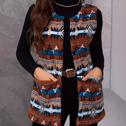Autumn And Winter Ethnic Style Printed Large Pocket Plush Vest