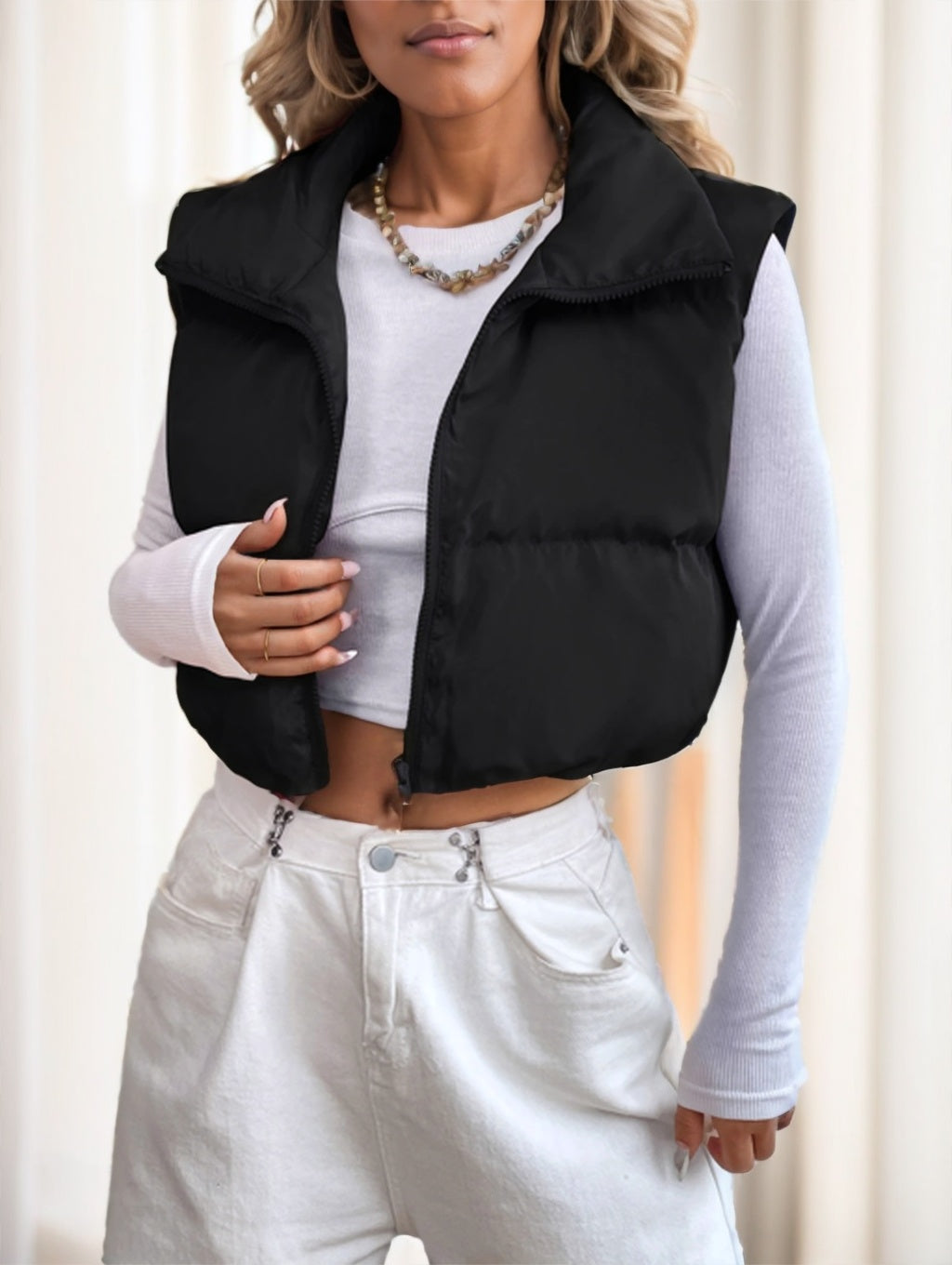 Zipper Front Casual Vest Khaki Winter Coat