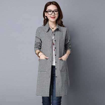 Long Sleeve Shirt Coat Cotton And Linen Plaid Loose Shirt Mid-length