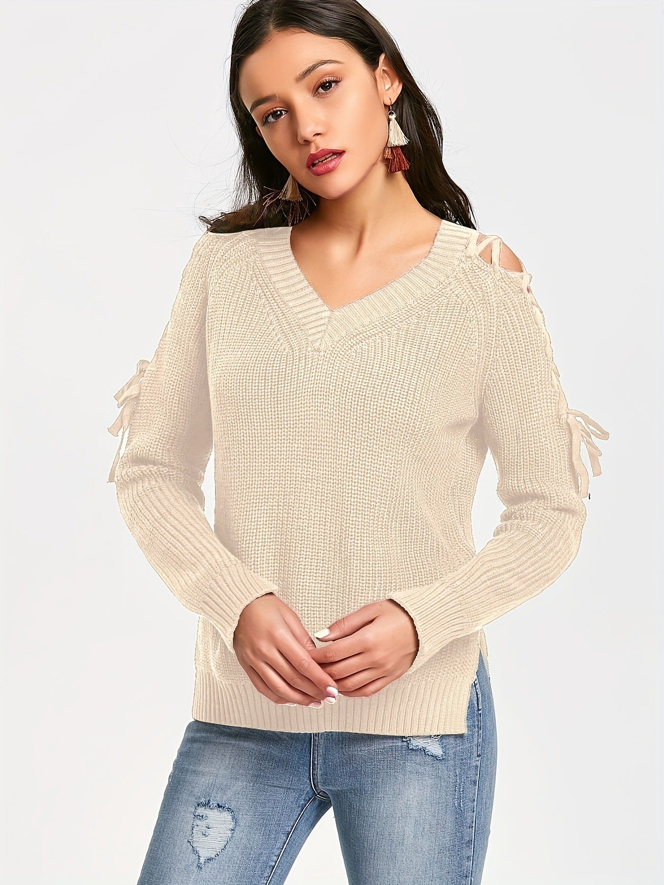 Hollow Knit Sweater Women Long Sleeve Tie Loose V-neck
