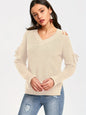 Hollow Knit Sweater Women Long Sleeve Tie Loose V-neck