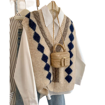 Diamond Lattice Retro Knitted Waistcoat V-neck Outerwear Sweater Vest