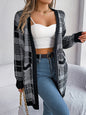Casual Color Block Plaid Pocket Long Sleeve Cardigan Sweater Coat