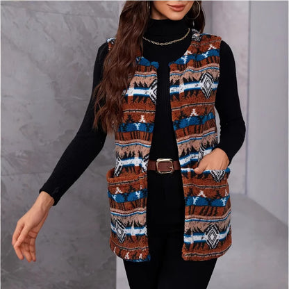 Autumn And Winter Ethnic Style Printed Large Pocket Plush Vest