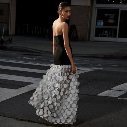 Black And White Tube Top Three-dimensional Flower Pettiskirt Dinner Dress
