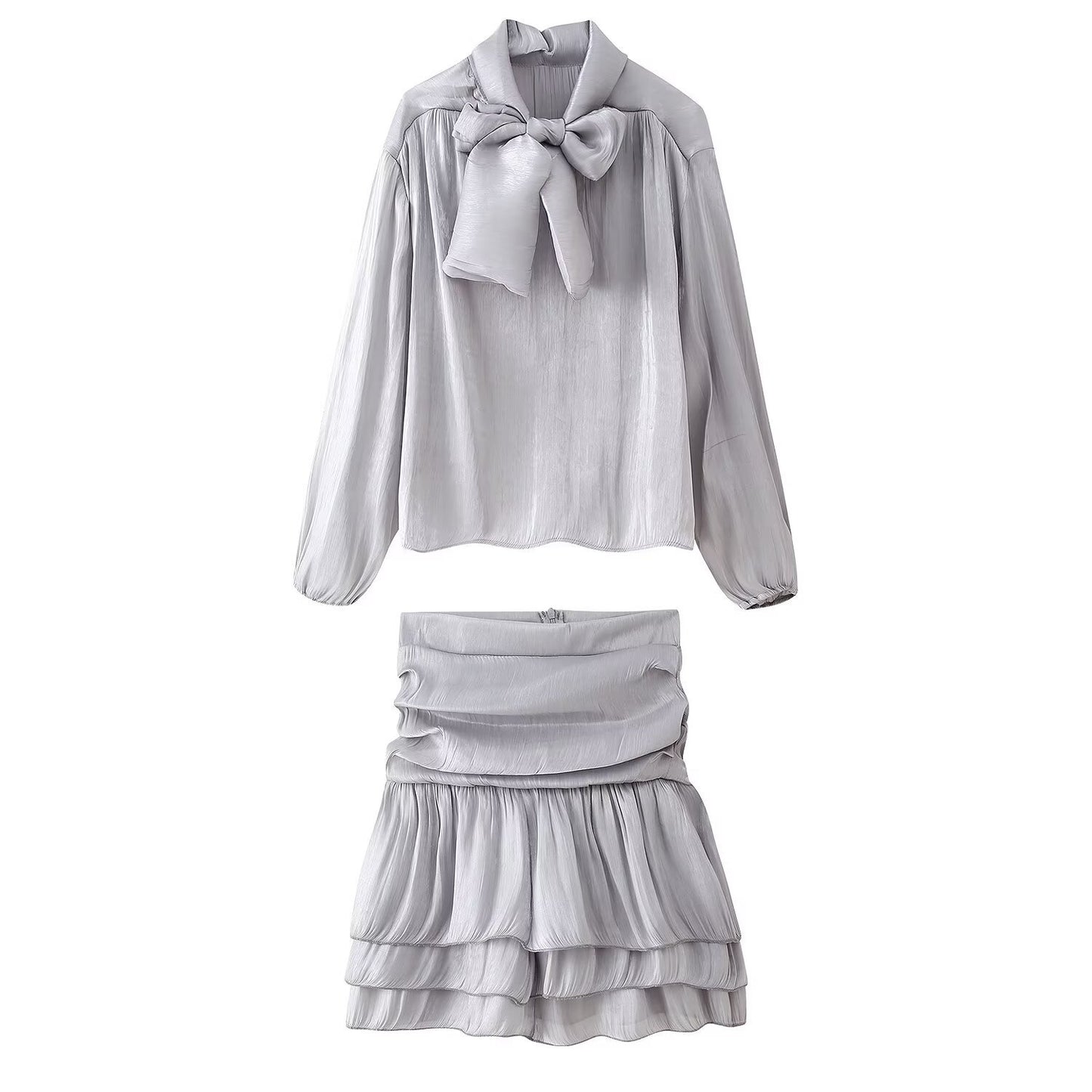 Women's Bow Tie Belted Shirt Top High Waist Shirred Skirt Two-Piece Set