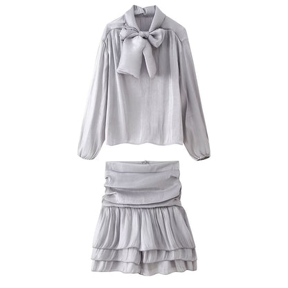 Women's Bow Tie Belted Shirt Top High Waist Shirred Skirt Two-Piece Set