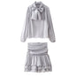 Women's Bow Tie Belted Shirt Top High Waist Shirred Skirt Two-Piece Set