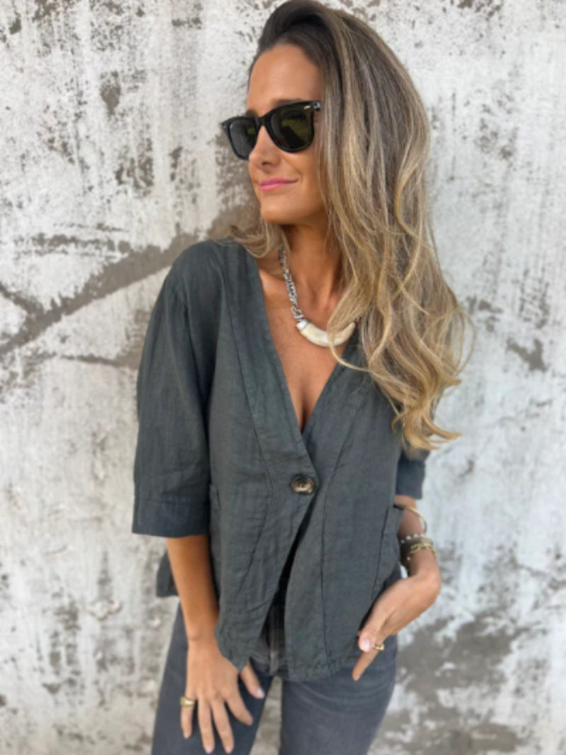 Casual Women's V-neck Cotton And Linen Solid Color ShirtT-shirt