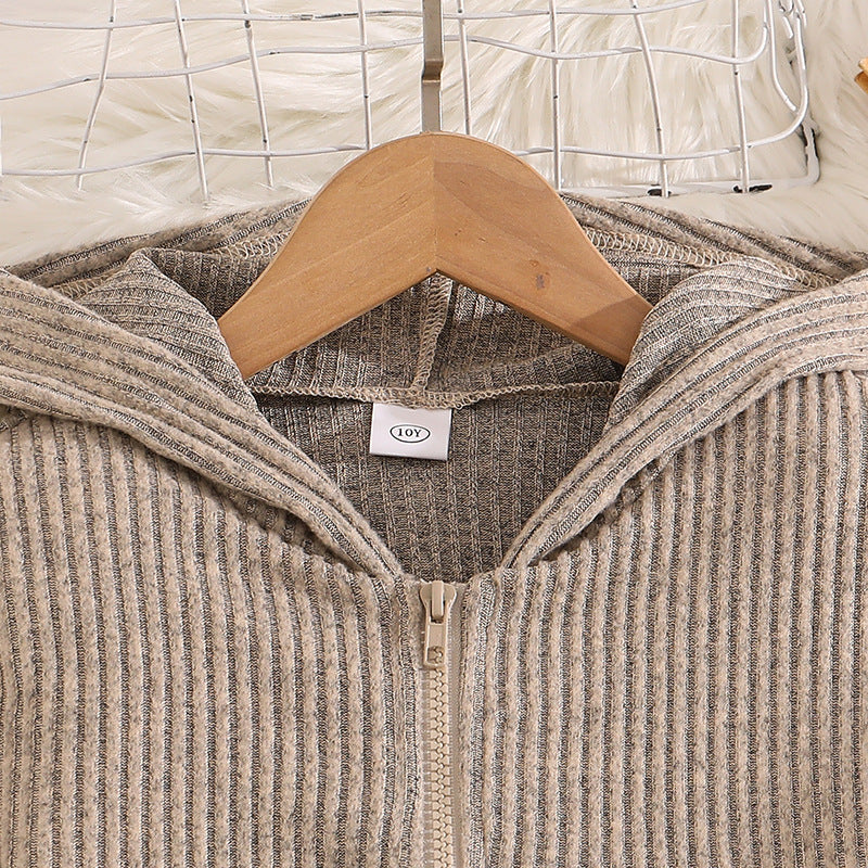 Autumn And Winter New Knit Ribbed Long-sleeve Hooded Zip-up Sweater