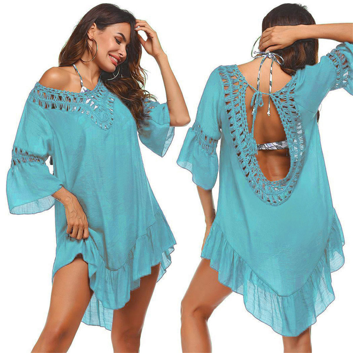 Hand Crocheting Stitching Smock Dress Beach Cover-up Slub Cotton Crochet