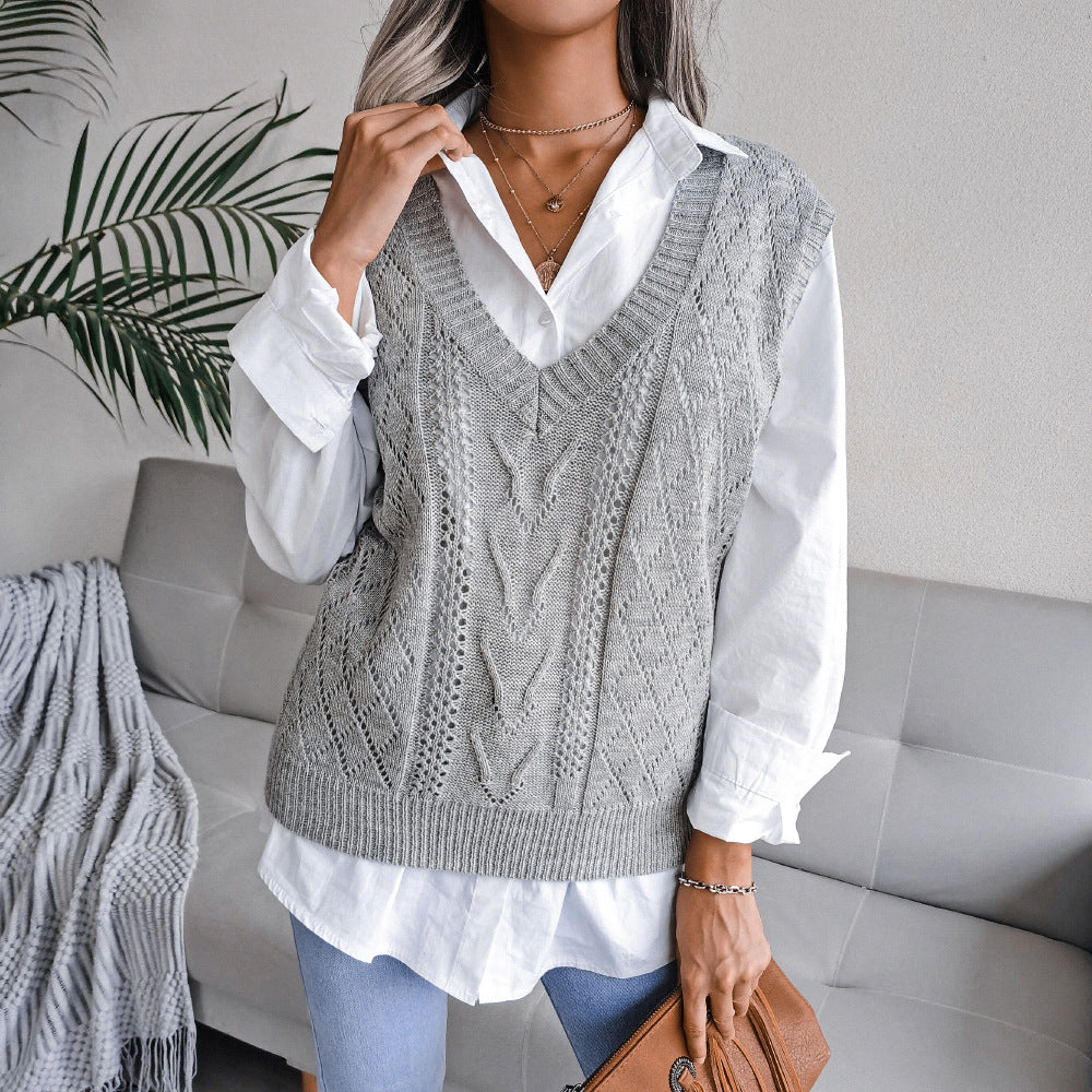 European & American Hollow Out Cable Knit V-Neck Sleeveless Sweater