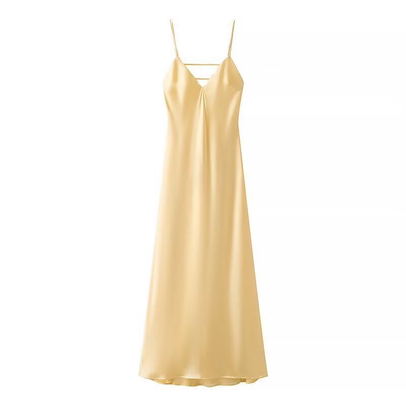 Golden Holiday Party Dress Silk Satin Texture Midi Skirt Sling Dress