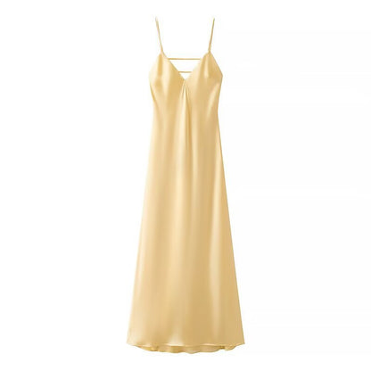 Golden Holiday Party Dress Silk Satin Texture Midi Skirt Sling Dress
