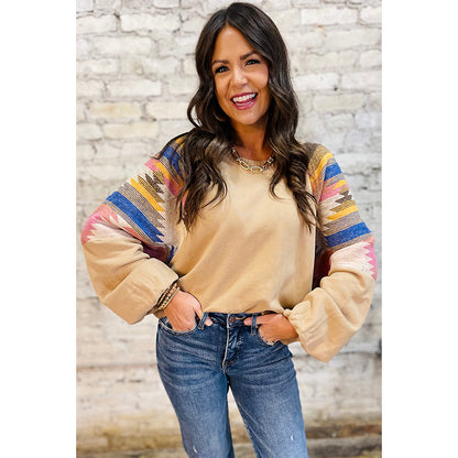 Women's Color Matching Printed Loose Long Sleeves Top