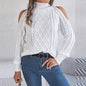Women's Solid Color Off-Shoulder Cable Knit Sweater, High Neck Long Sleeve Pullover For Spring And Fall