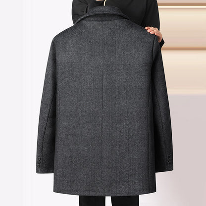Men's Woolen Coat Mid-length Fleece Plaid Detachable Double Collar