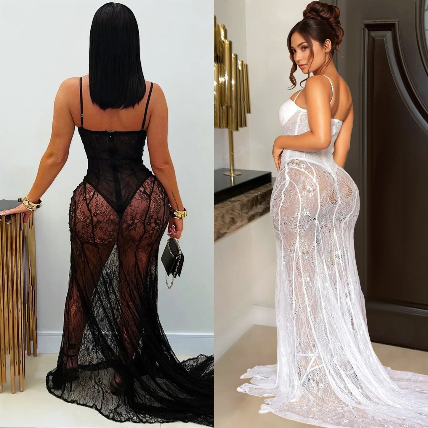 Fashion Women's Wear Sexy Sling Lace See-through Dress