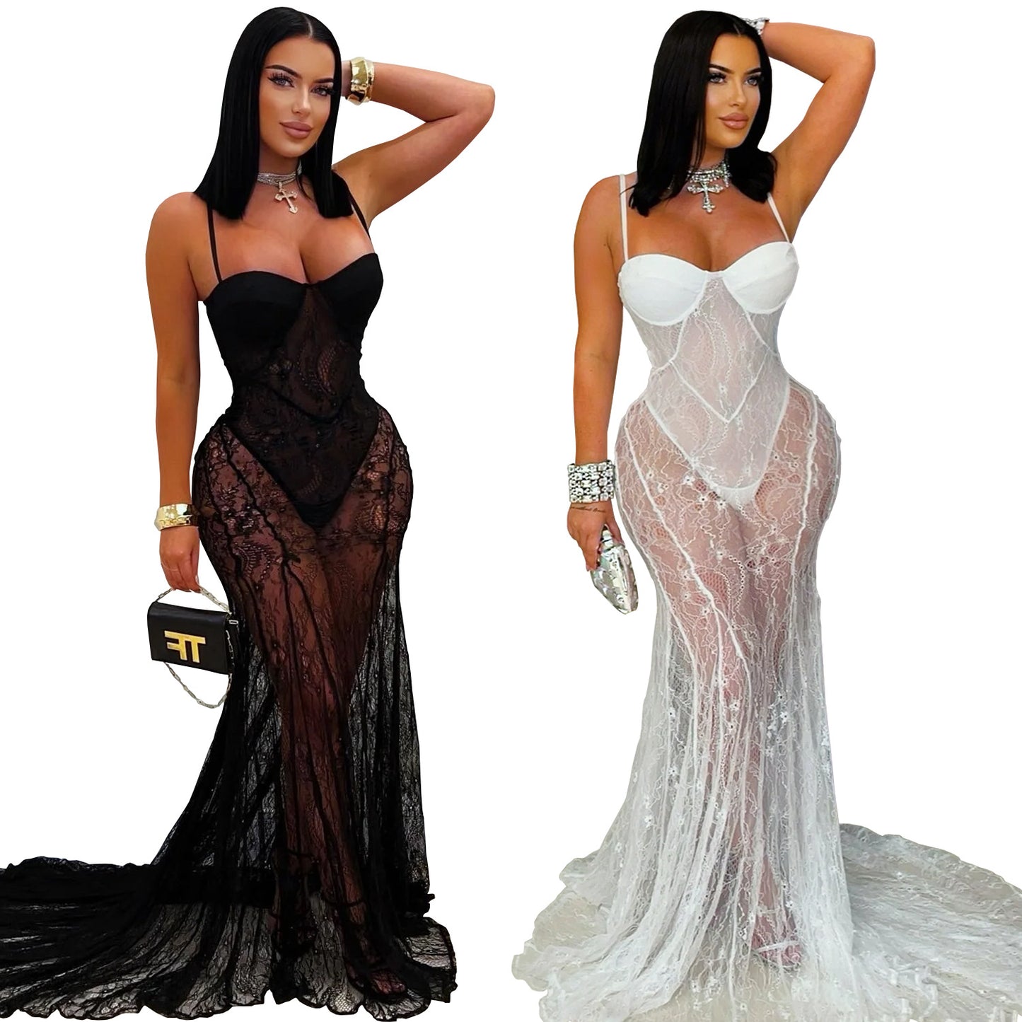 Fashion Women's Wear Sexy Sling Lace See-through Dress